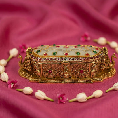 Royal Peacock Sindoor Box (Ivory Enamel & White Stone)