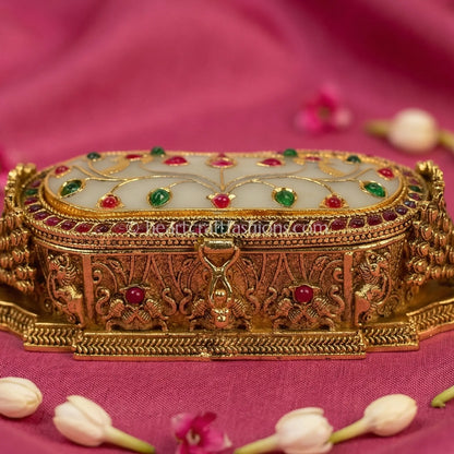 Royal Peacock Sindoor Box (Ivory Enamel & White Stone)