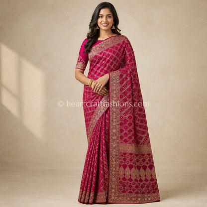 Royal Rani Pink Banarasi Khadi Bandhej Saree