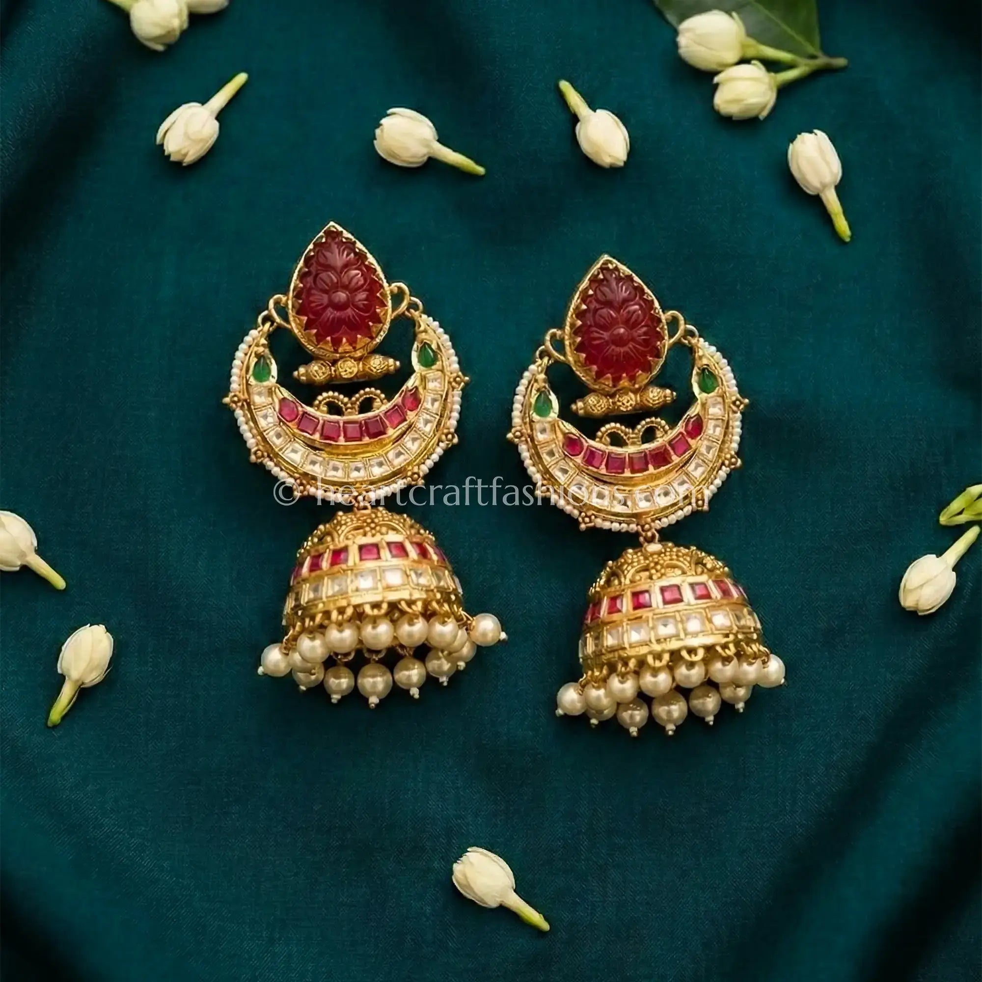 Royal Red & Multicolor Jadau Kundan Pearl Jhumka