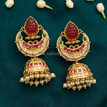 Royal Red & Multicolor Jadau Kundan Pearl Jhumka