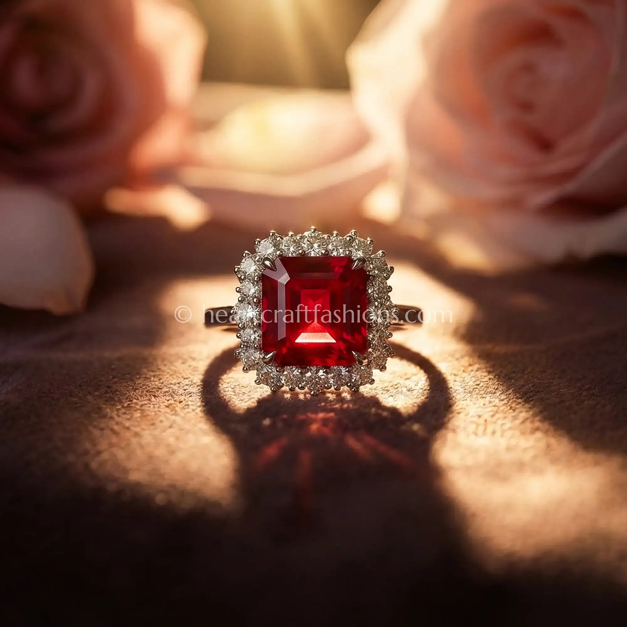 Royal Ruby Square Halo Statement Ring