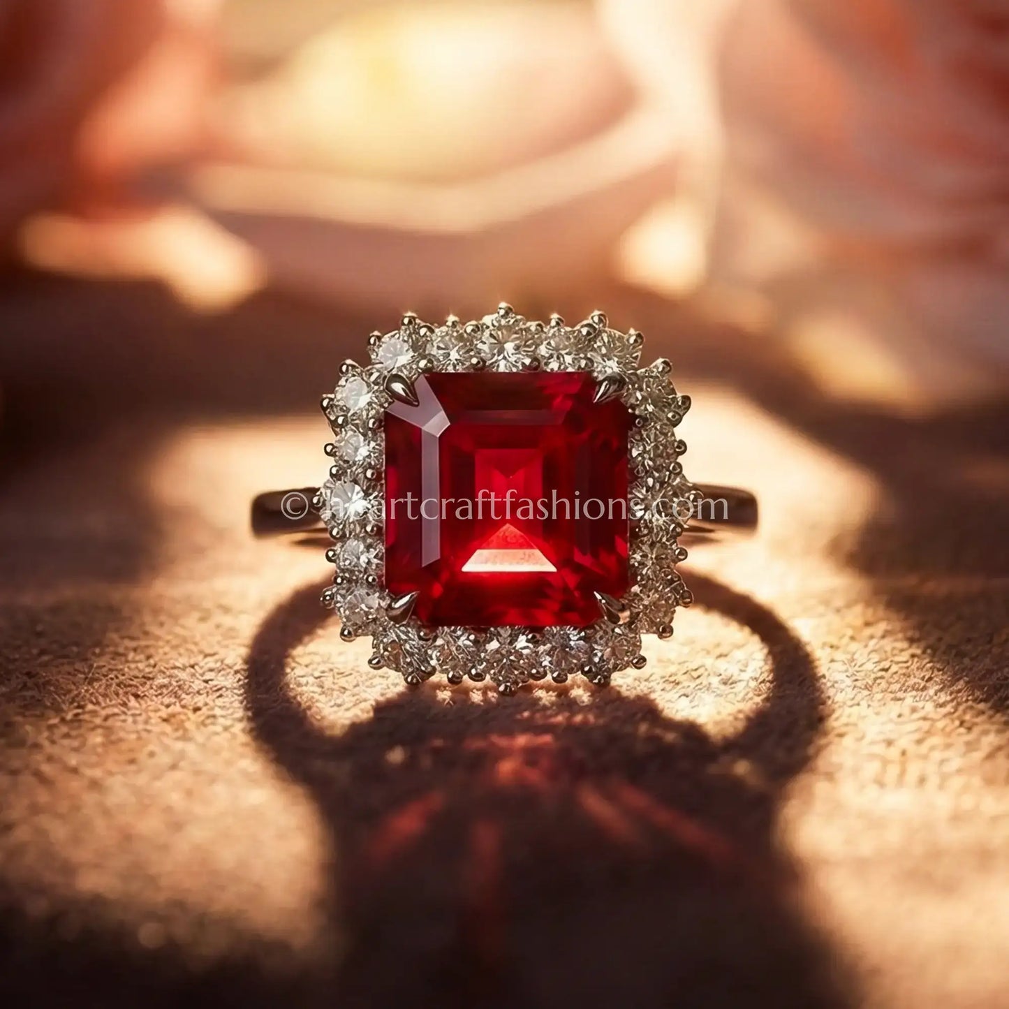 Royal Ruby Square Halo Statement Ring