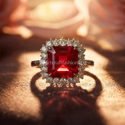 Royal Ruby Square Halo Statement Ring