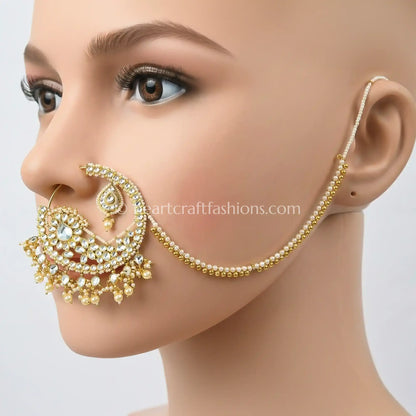 Royal Pachi Kundan Pearl Bridal Nath with Statement Chain