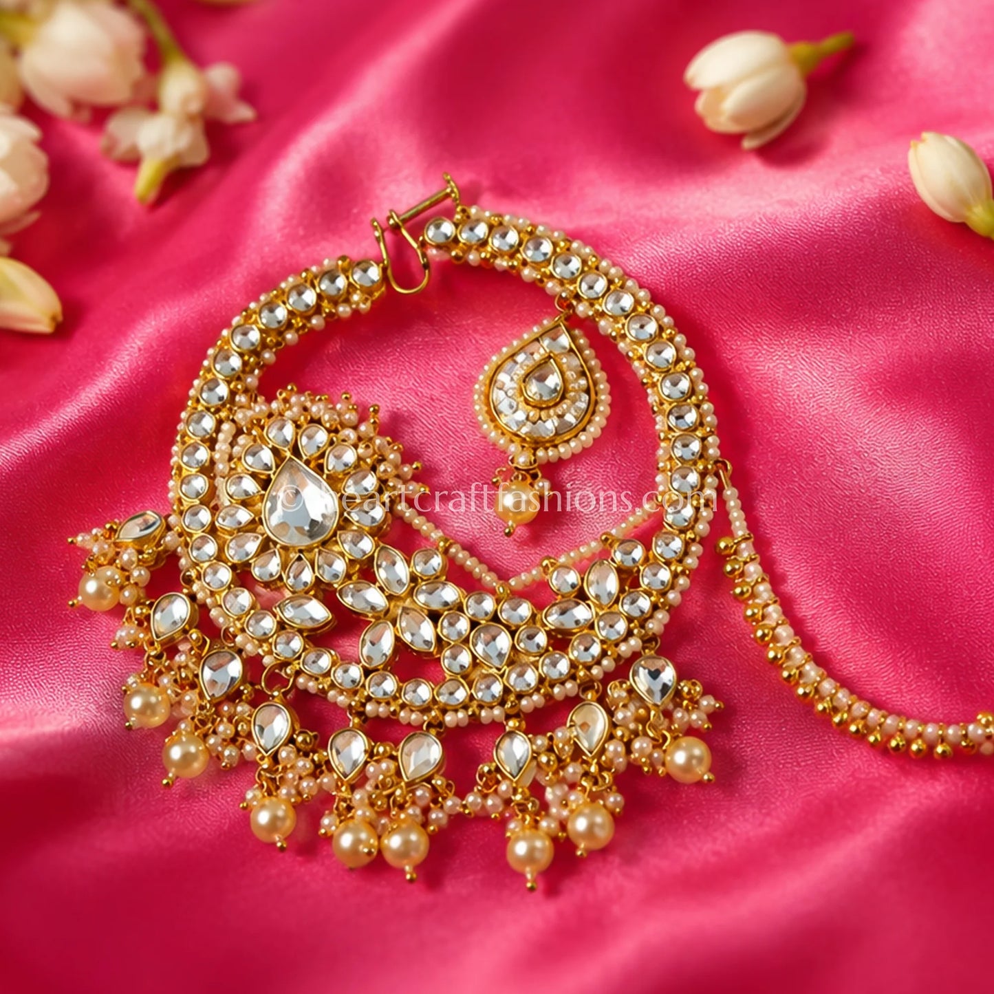 Royal Pachi Kundan Pearl Bridal Nath with Statement Chain