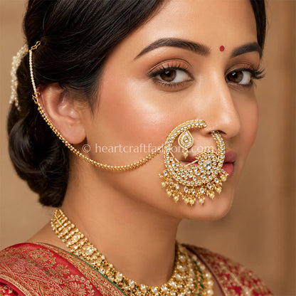 Royal Pachi Kundan Pearl Bridal Nath with Statement Chain