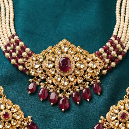Ruby Bead Moissanite Polki Pearl Choker Set