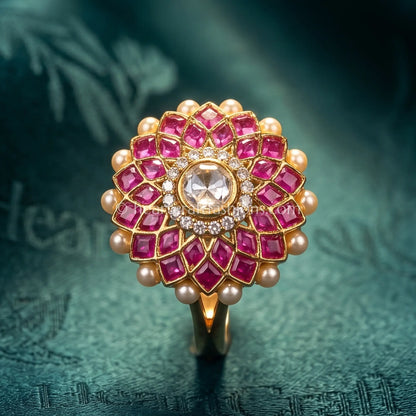Ruby Blossom Moissanite Polki Ring