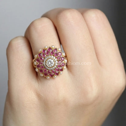 Ruby Blossom Moissanite Polki Ring