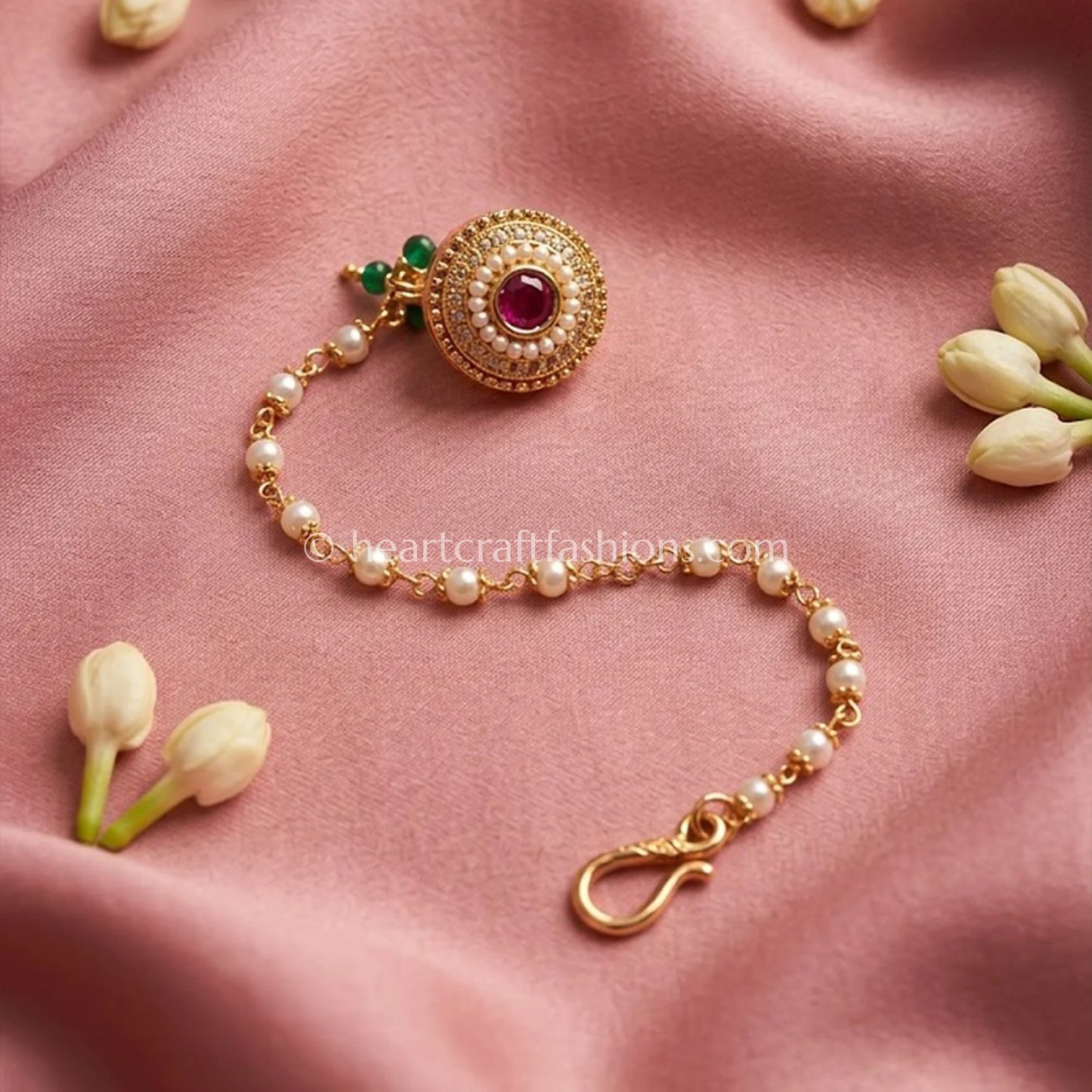 Ruby Core Round Medallion Pearl Nath with Chain