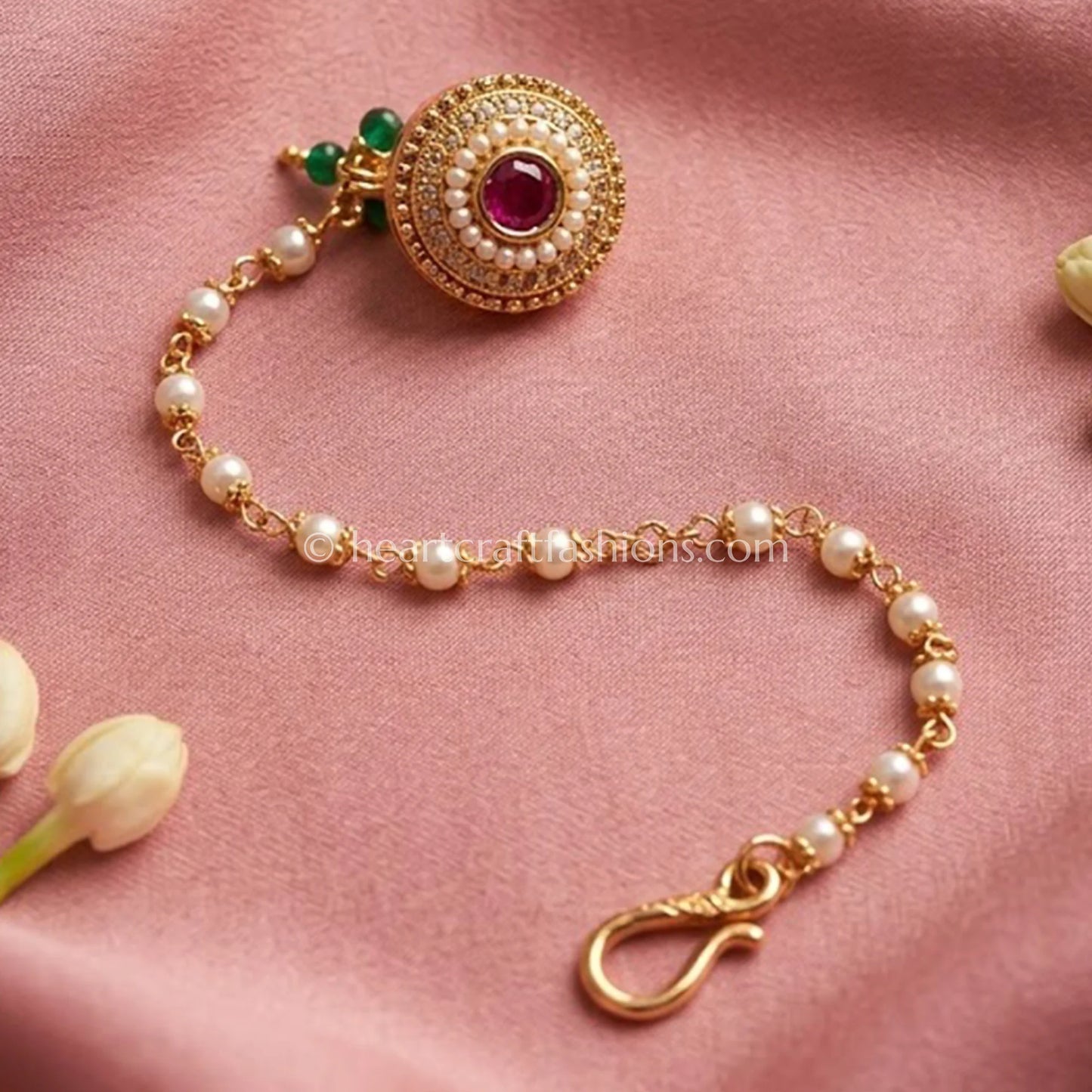 Ruby Core Round Medallion Pearl Nath with Chain
