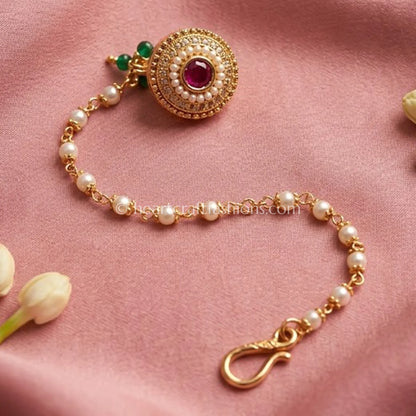 Ruby Core Round Medallion Pearl Nath with Chain