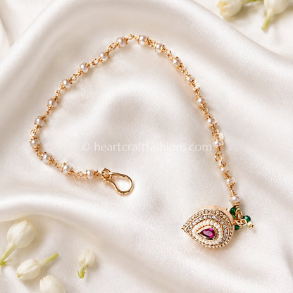Ruby Core Teardrop Pearl Kundan Nath with Chain