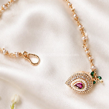 Ruby Core Teardrop Pearl Kundan Nath with Chain