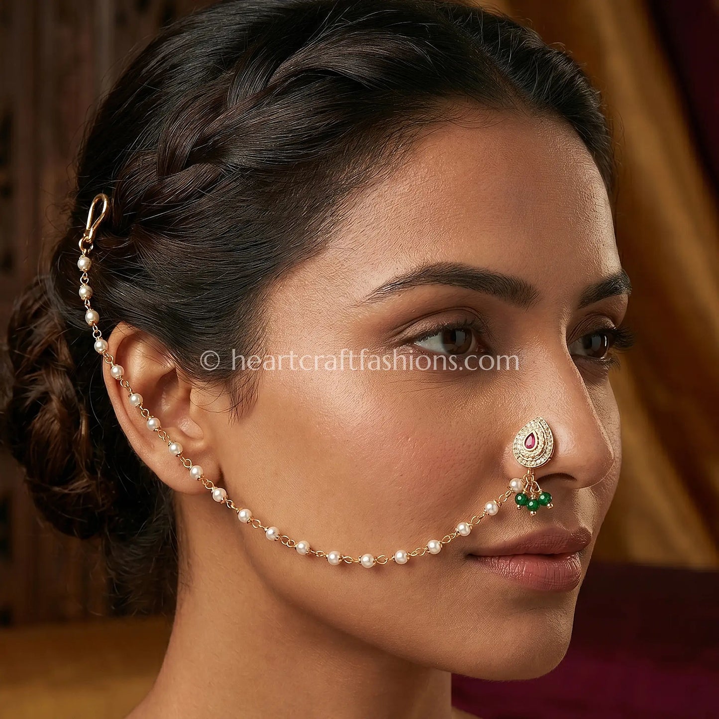 Ruby Core Teardrop Pearl Kundan Nath with Chain