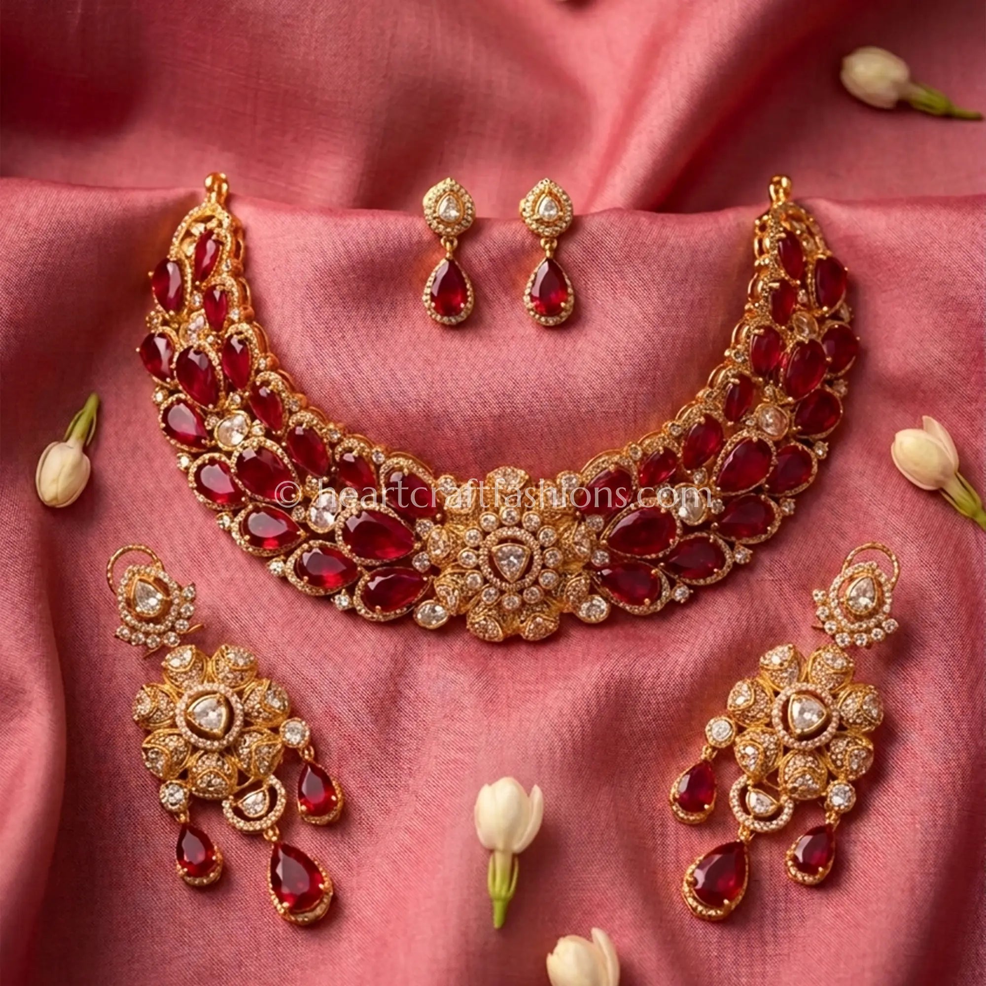 Ruby Doublet Moissanite Floral Bridal Choker Set