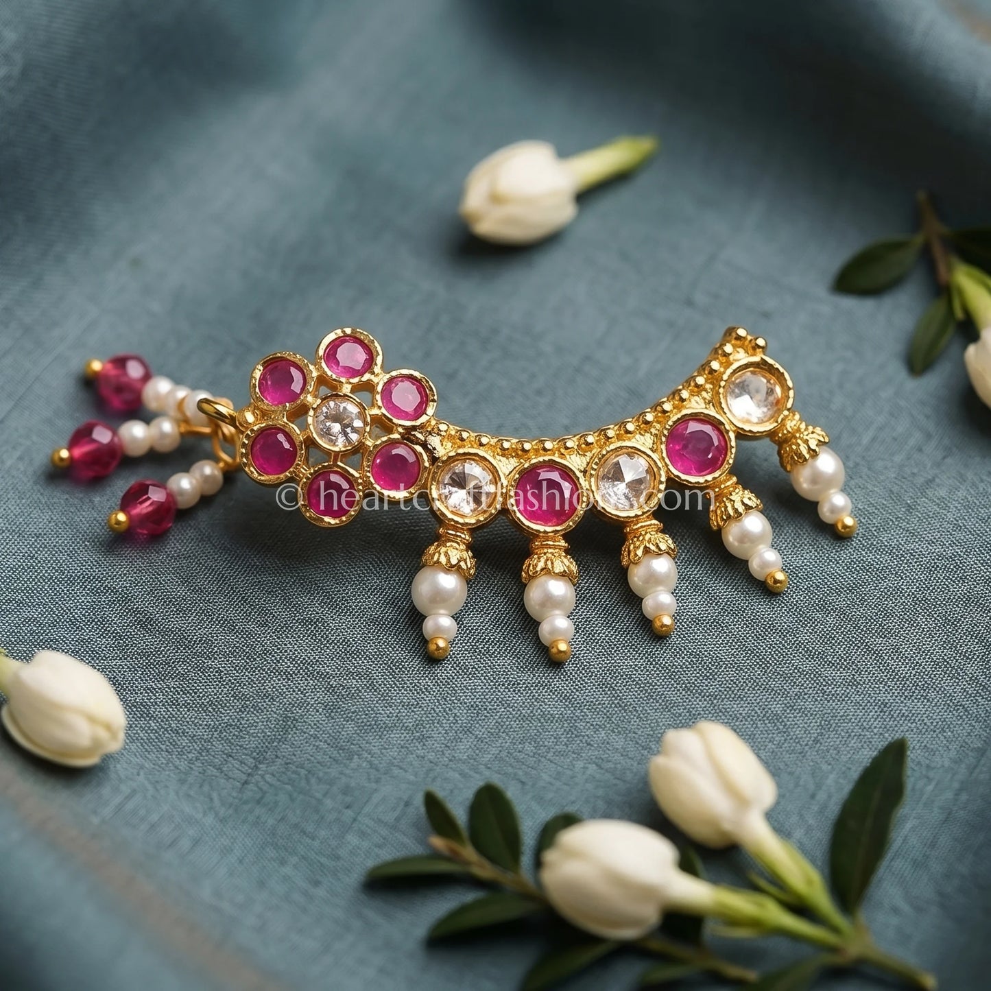 Ruby Floral Cluster Curved Maharashtrian Nath
