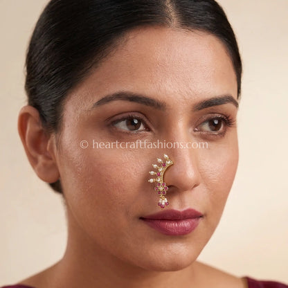 Ruby Floral Cluster Curved Maharashtrian Nath