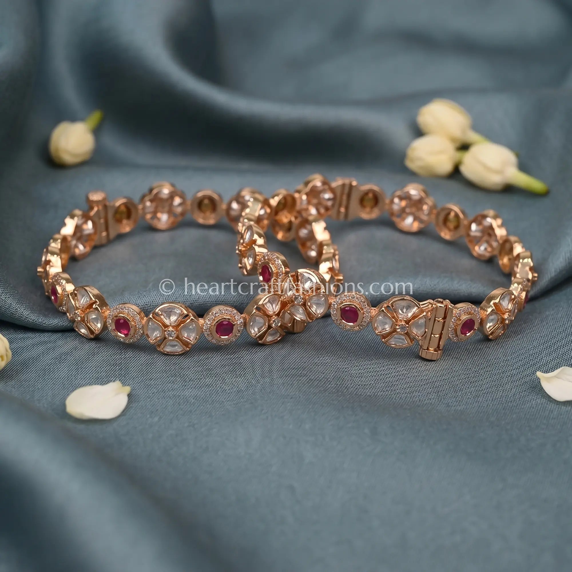 Ruby Floral Sunehri Kundan Sleek Bangles