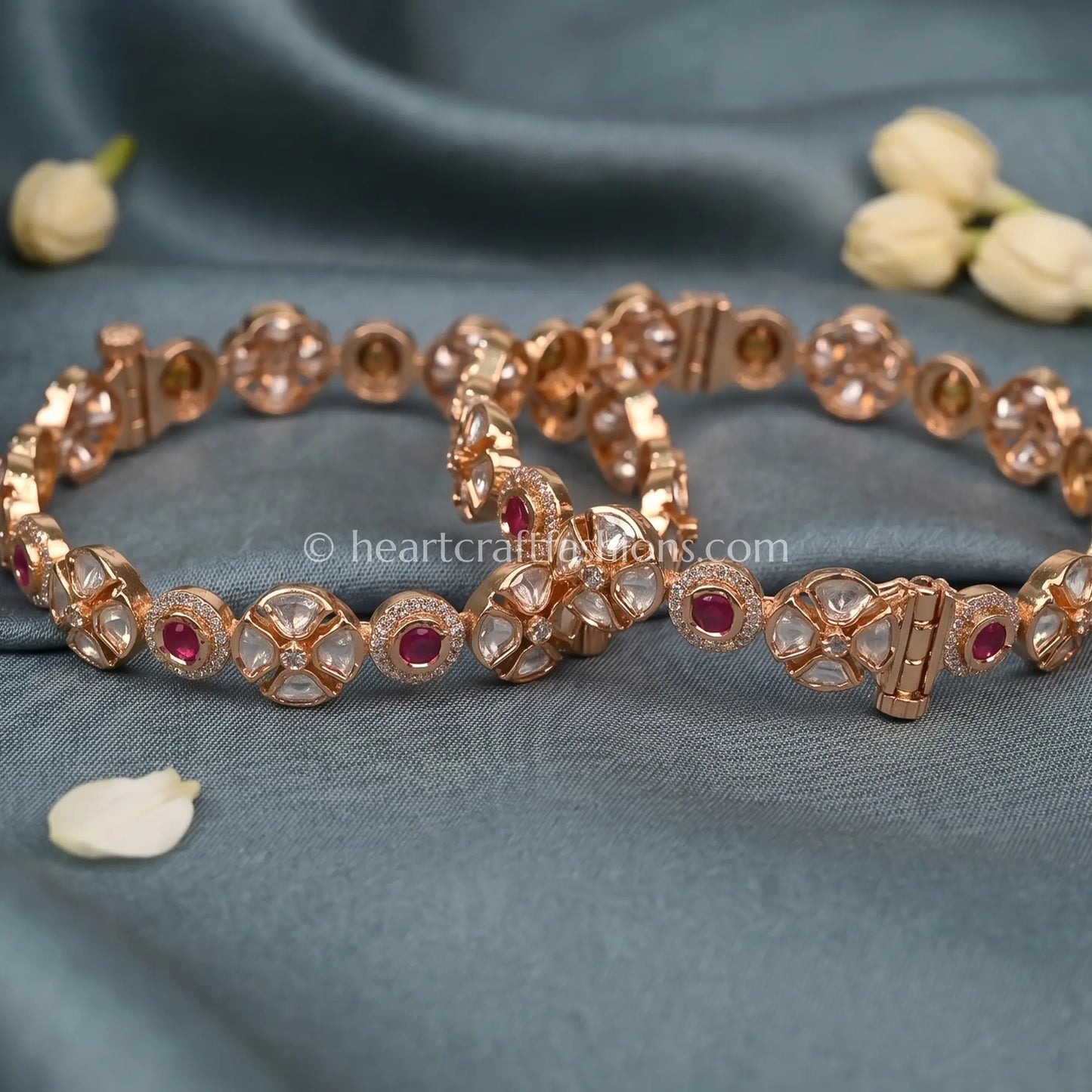 Ruby Floral Sunehri Kundan Sleek Bangles