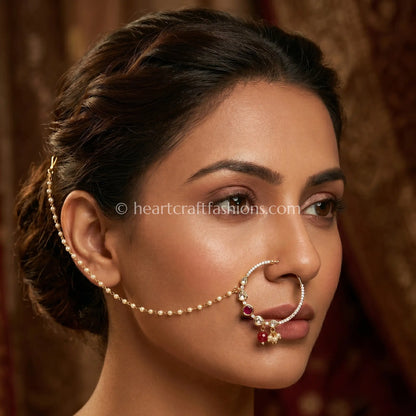 Ruby Focal Sunehri Kundan Ring Nath