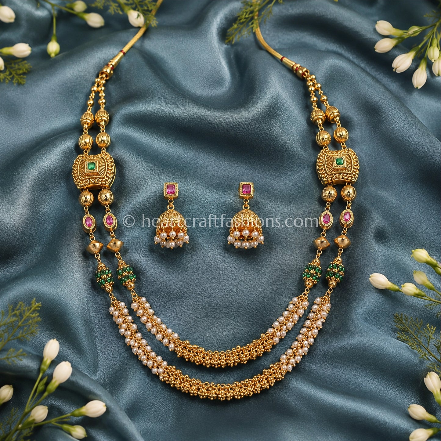 Ruby Green Double Layer Heritage Pearl Matarmala Set