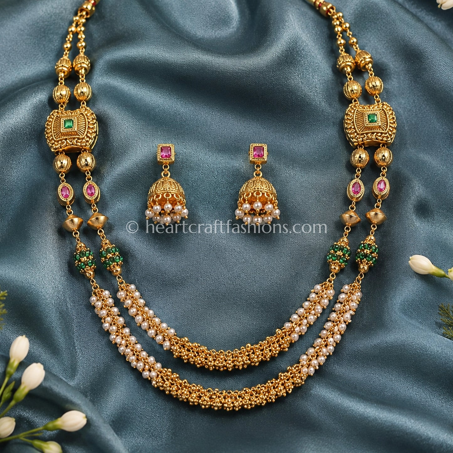 Ruby Green Double Layer Heritage Pearl Matarmala Set