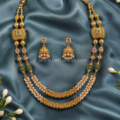 Ruby Green Double Layer Heritage Pearl Matarmala Set