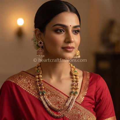 Ruby Green Double Layer Heritage Pearl Matarmala Set