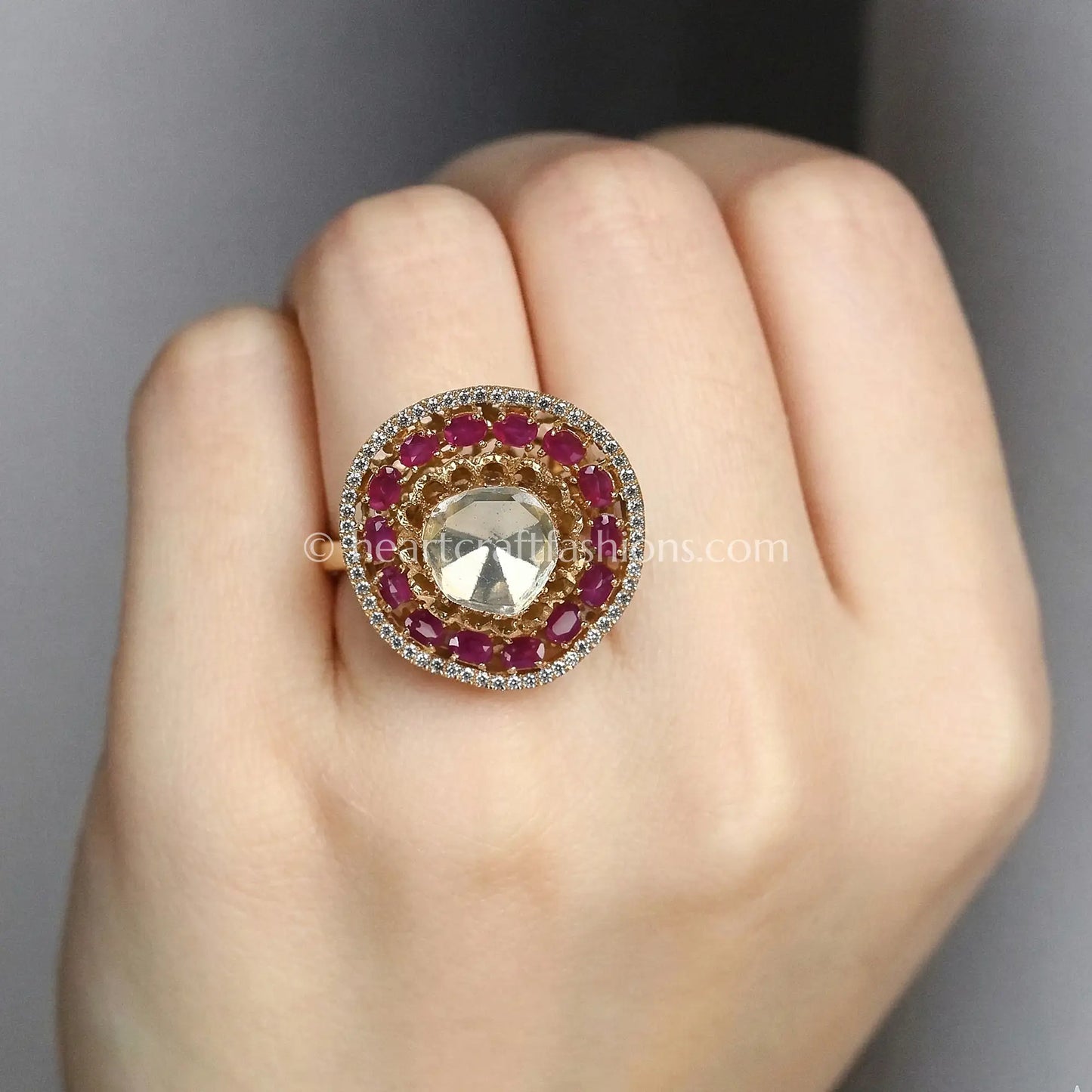 Ruby Halo croen Moissanite Polki Ring