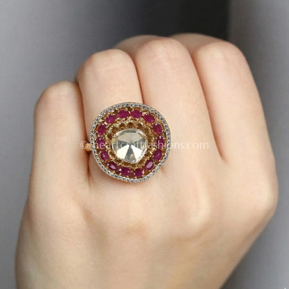 Ruby Halo croen Moissanite Polki Ring