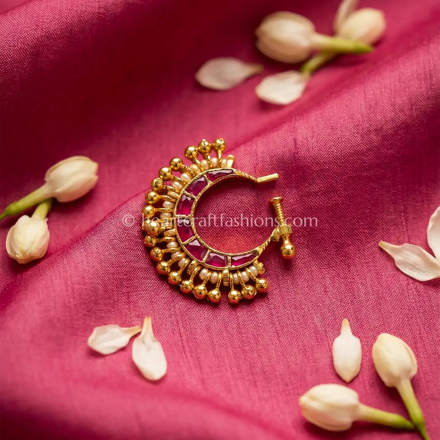 Ruby Pink Gold Beaded Nath
