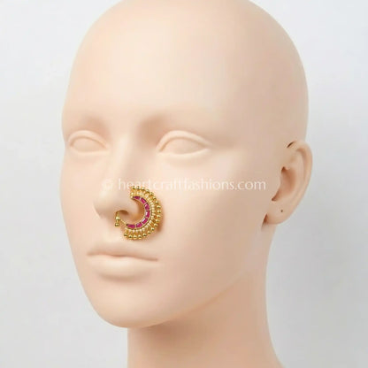 Ruby Pink Gold Beaded Nath