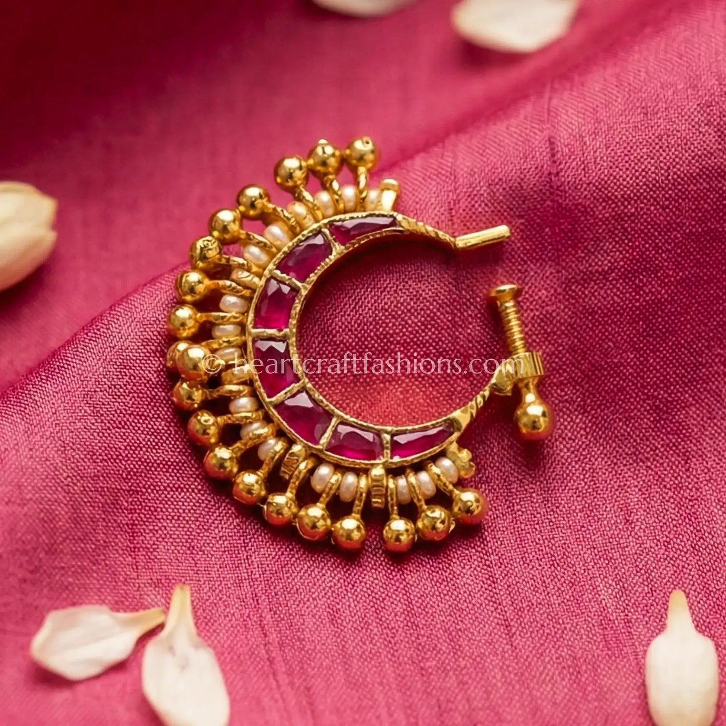 Ruby Pink Gold Beaded Nath
