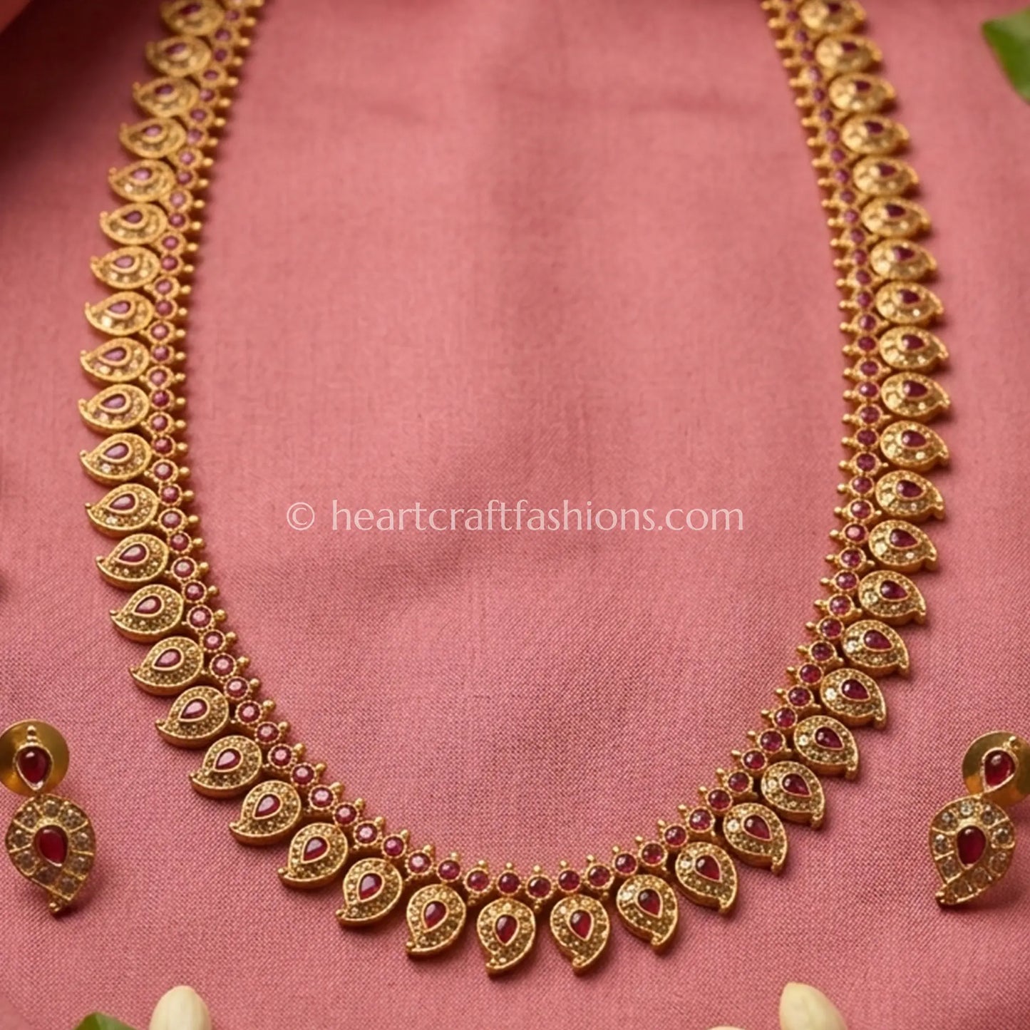 Ruby Pink Kemp Stone South Indian Necklace Set