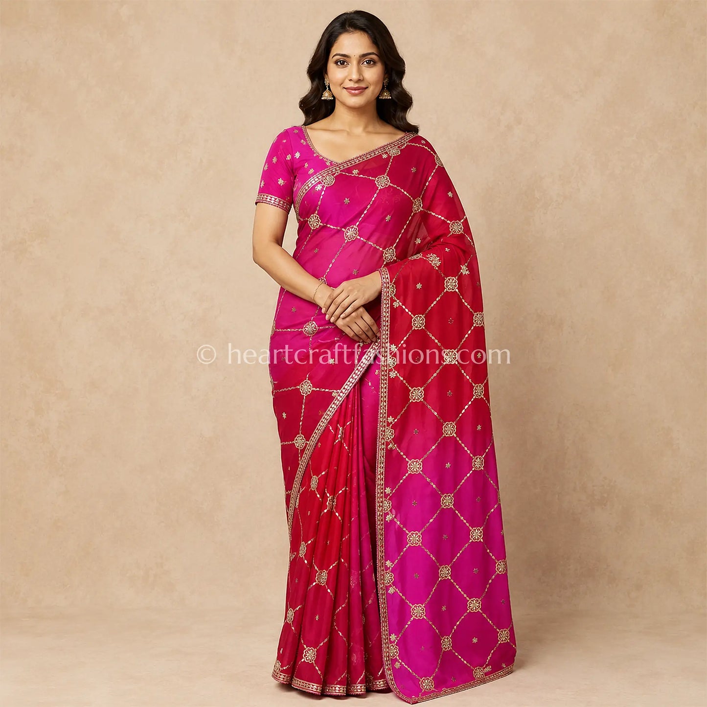 Ruby Pink Ombre Platinum Chiffon Chakri Gota Patti Saree