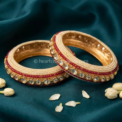 Ruby Pink Sunehri Kundan Pearl Bangles