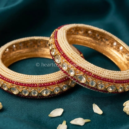 Ruby Pink Sunehri Kundan Pearl Bangles