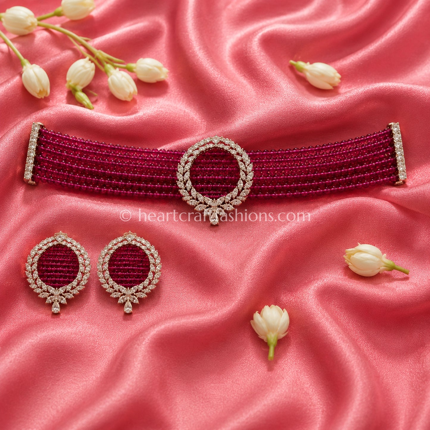 Ruby Red Beaded Choker with Circular Wreath Brooch