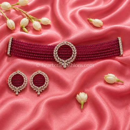 Ruby Red Beaded Choker with Circular Wreath Brooch