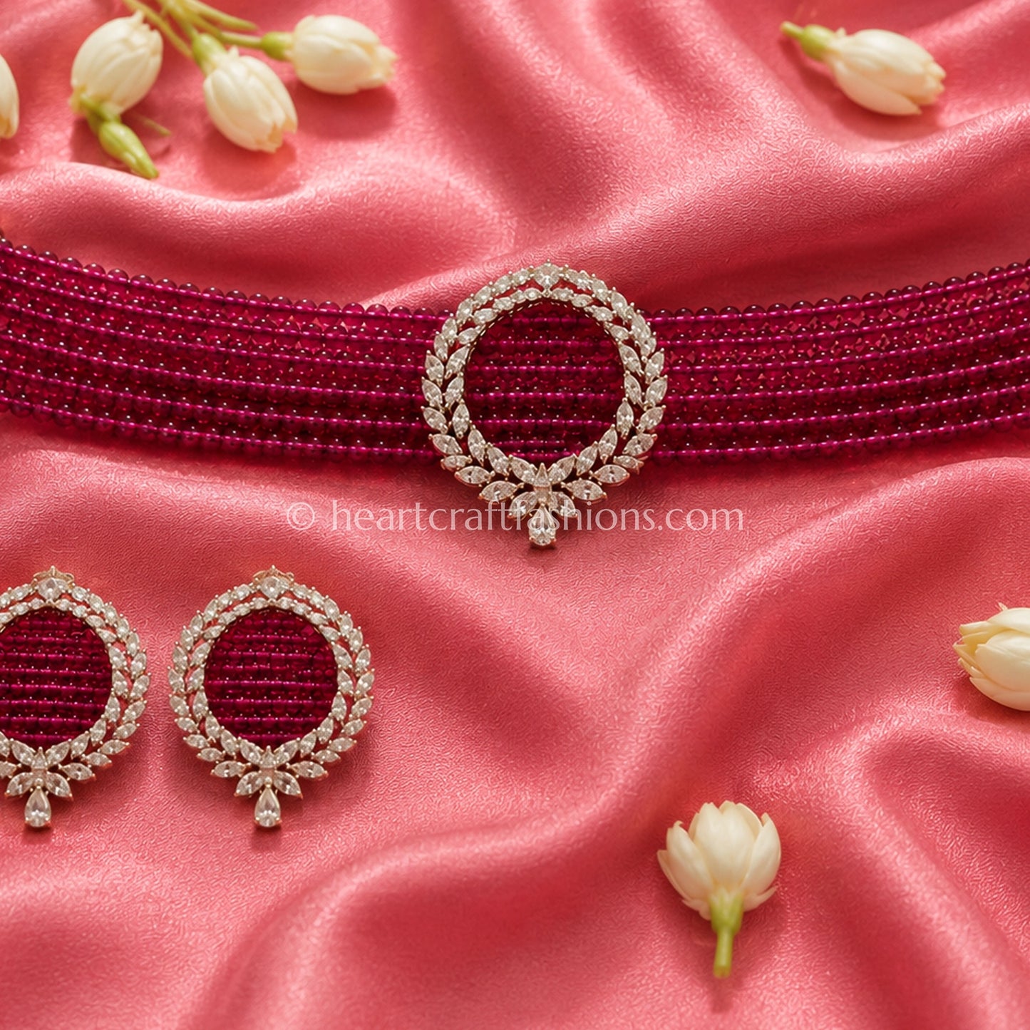 Ruby Red Beaded Choker with Circular Wreath Brooch
