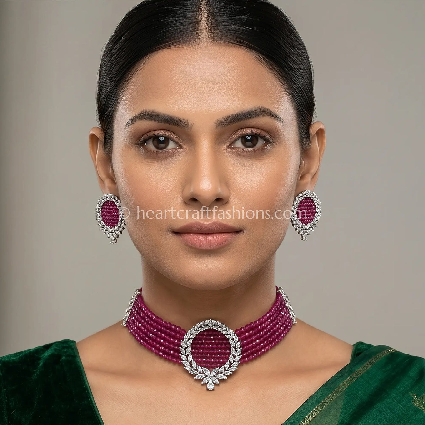 Ruby Red Beaded Choker with Circular Wreath Brooch