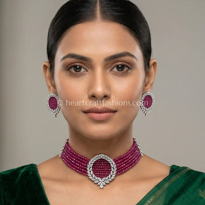 Ruby Red Beaded Choker with Circular Wreath Brooch
