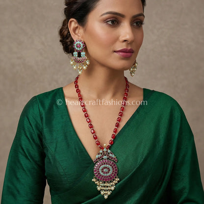 Ruby Red Jadau Pachi Pendant Beaded Necklace Set