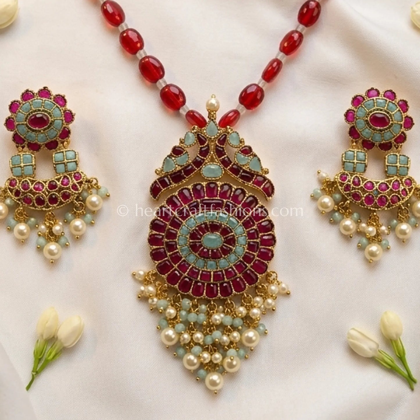 Ruby Red Jadau Pachi Pendant Beaded Necklace Set