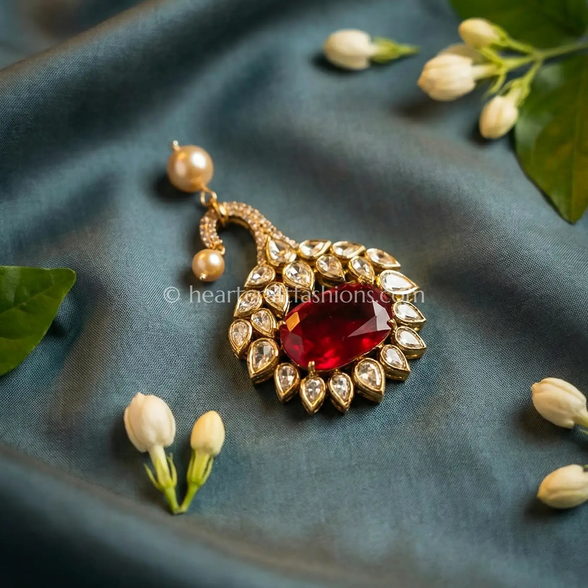 Ruby Red Kundan Pearl Drop brooch