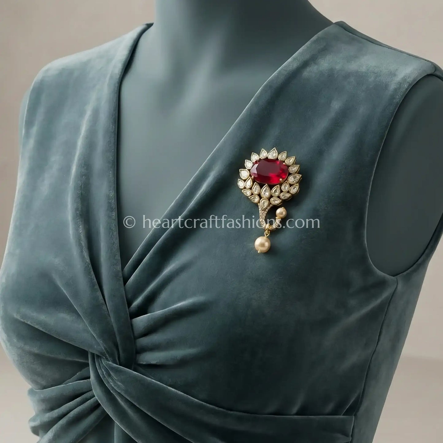 Ruby Red Kundan Pearl Drop brooch