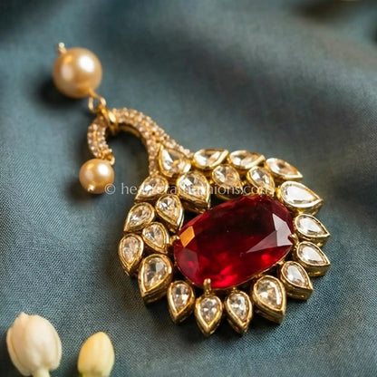 Ruby Red Kundan Pearl Drop brooch