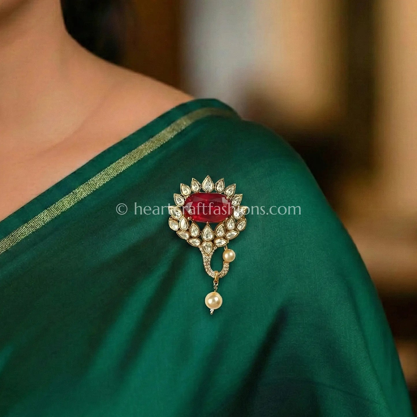 Ruby Red Kundan Pearl Drop brooch